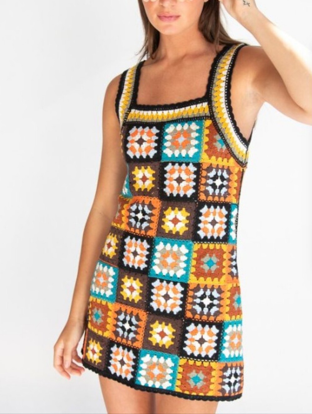 Crochet Square-Panel Mini Dress in Multicolor